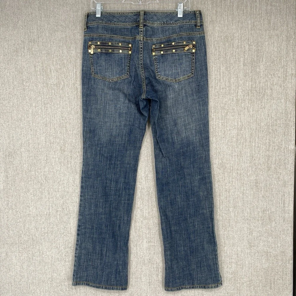 Michael Kors Studded Zipper Pocket Straight Leg Jeans 8 Blue Denim Gold Hardware